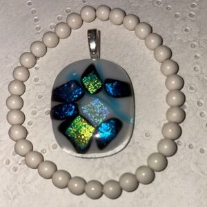 Elegant Blue and Green Pendant Necklace and bone bead bracelet $9